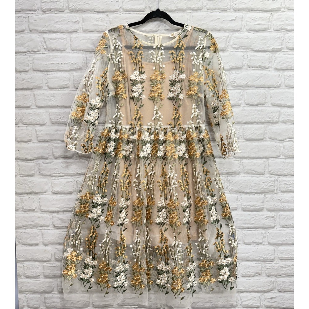 Vtg Metisu Embroidered Dress Sz XL Beige Floral Fairy Cottage Core Boho Feminine
